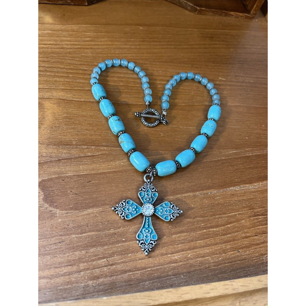 Maltese Cross Enamel Pendant With Turquoise And Glass Beads 16” Necklace